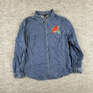 Trilogy By Morning Sun Shirt Womens Large Blue Denim Cardinal Bird Embroidered